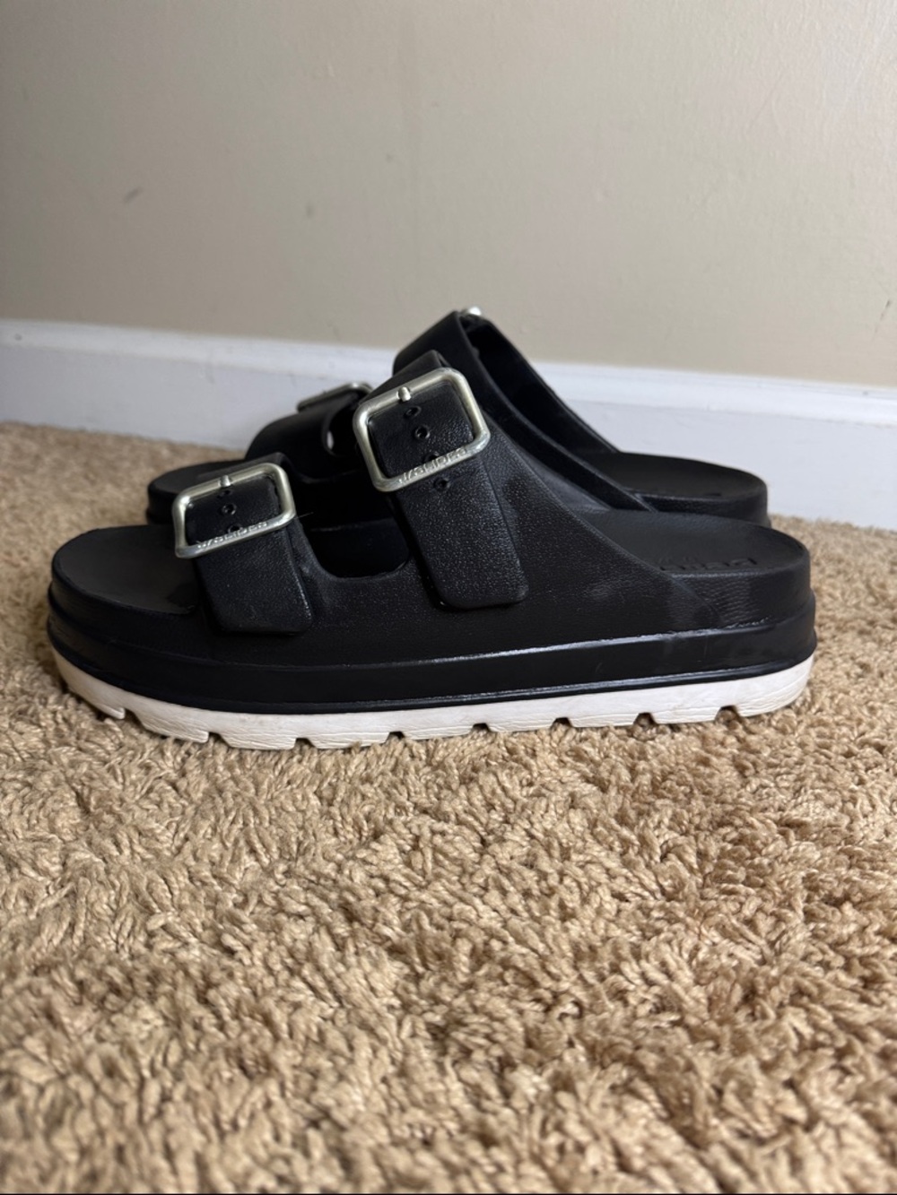 J Slides Black Double-Buckle Platform Slide Sandals size 11 Goth Punk Gorpcore